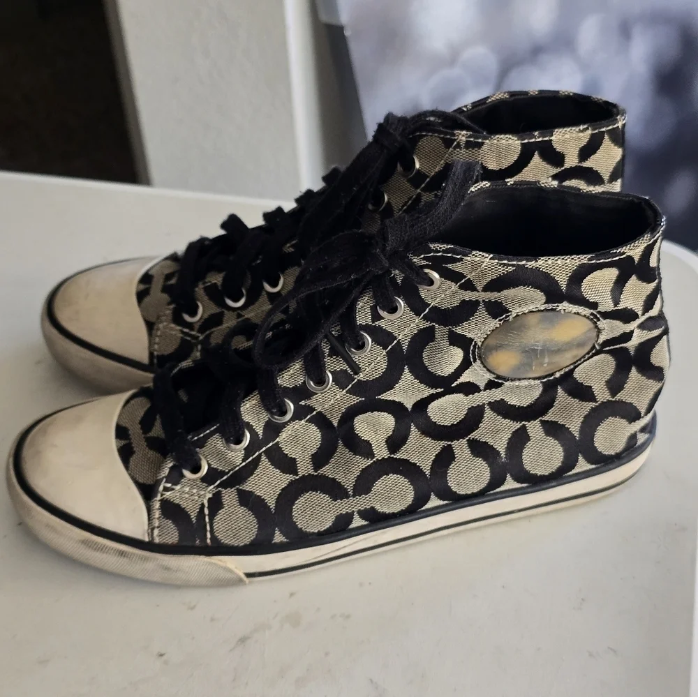 Coach Cardinal High Top Sneakers Women Sz 8B Black White Signature Logo … - Picture 8 of 16